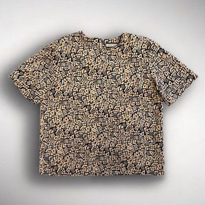 vintage 90s abstract print blouse sz L short sleeve boxy flowy beige & navy